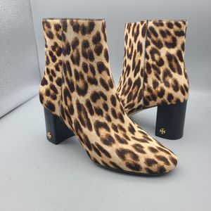 Tory Burch Womens Brooke Ankle Heel  Boots  Cow hair Leopard Pattern Sz 6.5 New